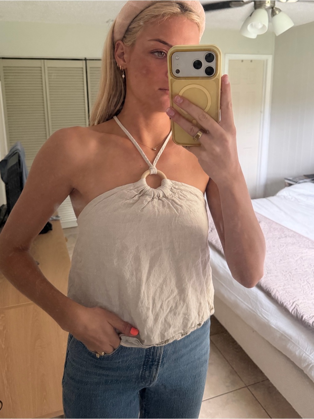 Beige Halter Ring-Detail Women's Top